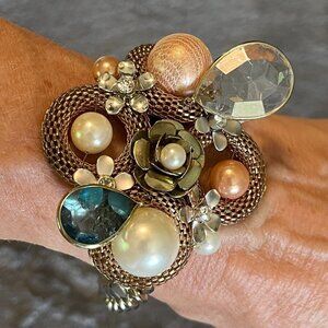 Vintage Big Pearl Gemstone Bauble Adjustable Chunky Chain Bracelet EFM